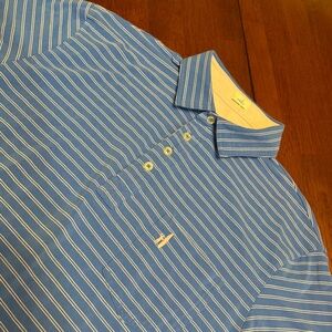 Johnnie O Hangin Out Polo Mens Medium Blue & Pink Striped Casual Golf Beach